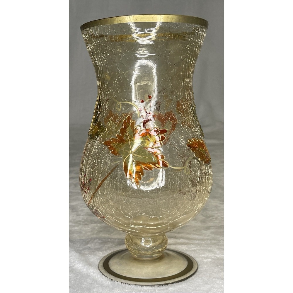 Autumnal Leaves Crackle Glass Vase Gold Trim Leaf Design Autumn Fall Decor 10.5" - Picture 2 of 5